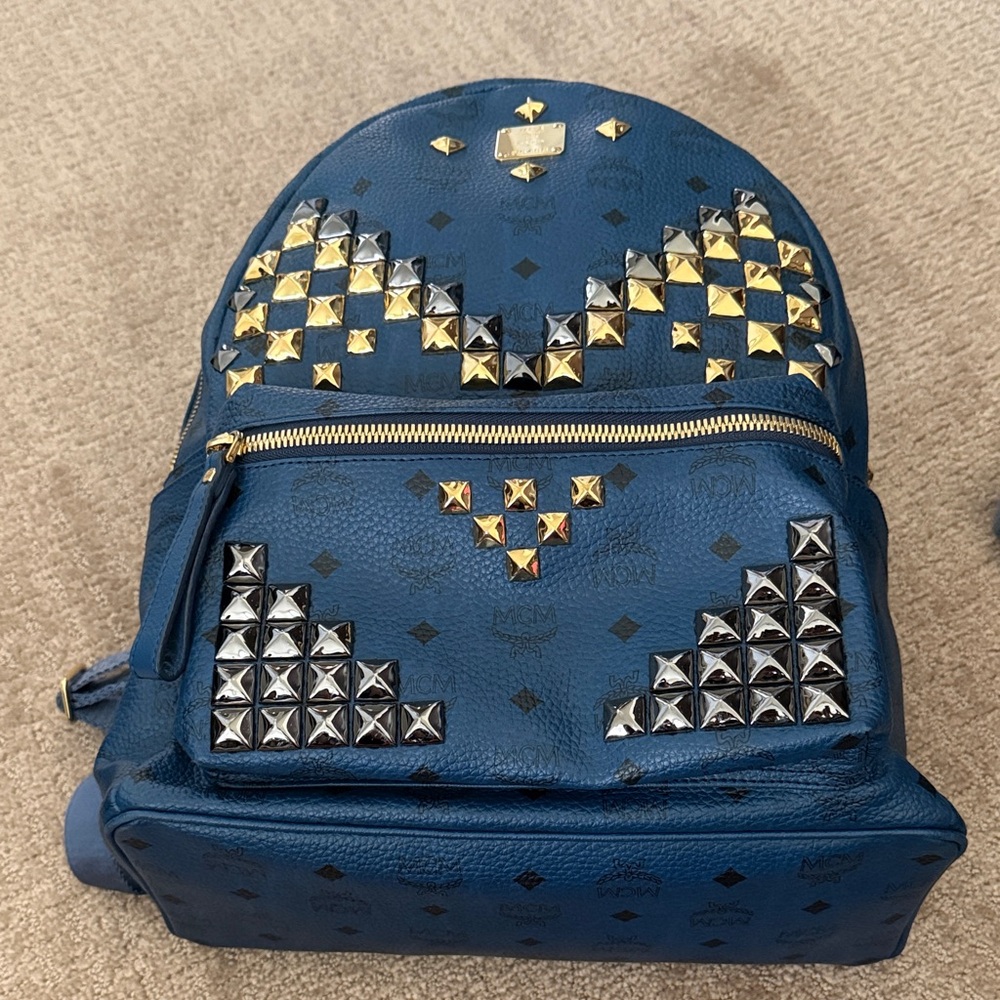 MCM Blue Leather Studded Backpack with Gold & Silver Accents
